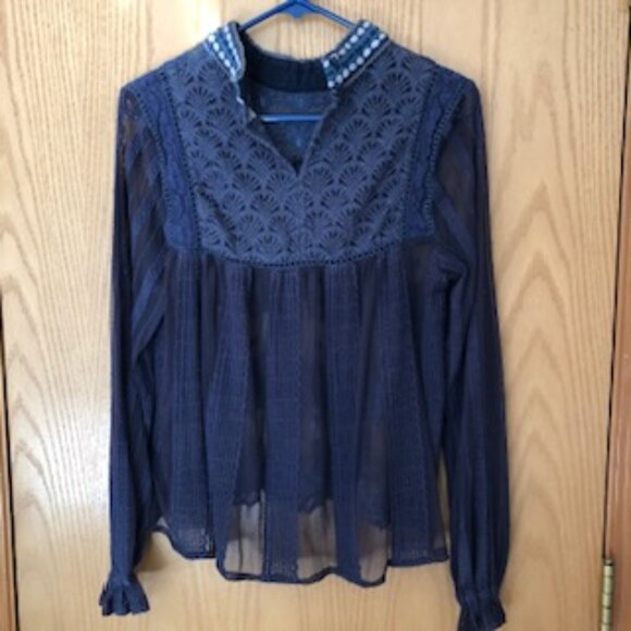 Anthropologie Blank London Boho Dark Blue Textured Collared Sheer Blouse Small - Picture 2 of 9